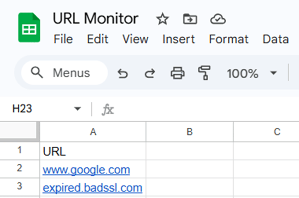 Example URL list with added link to expired SSL certificate website
