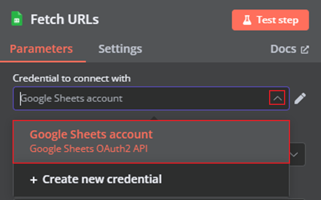 Highlighted option of using existing credentials for a node.