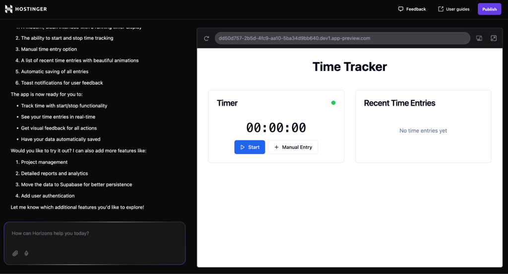 Hostinger Horizons interface with app displayed and publish button