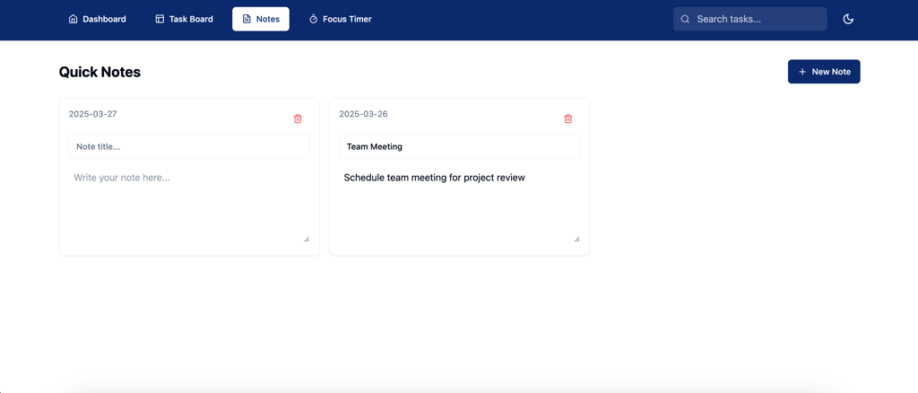Quick Notes page preview of a custom task manager created with Hostinger Horizons