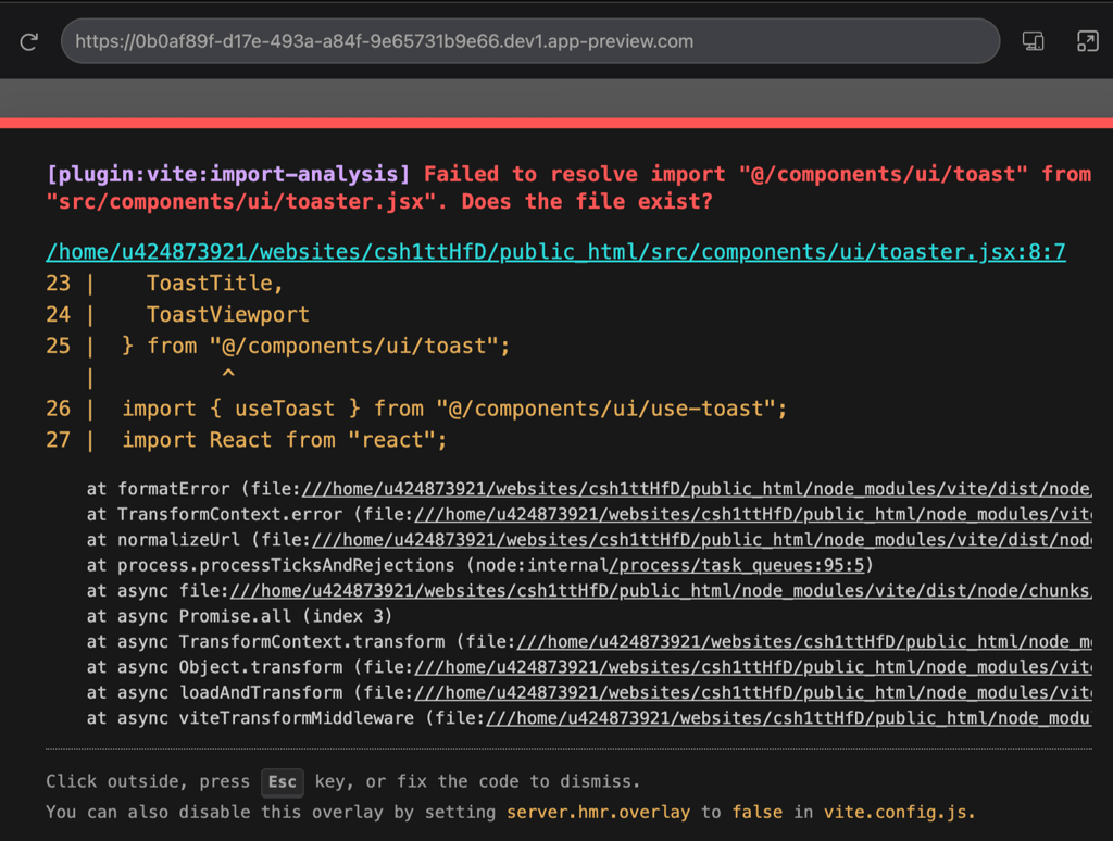 An example of an error in Hostinger Horizons