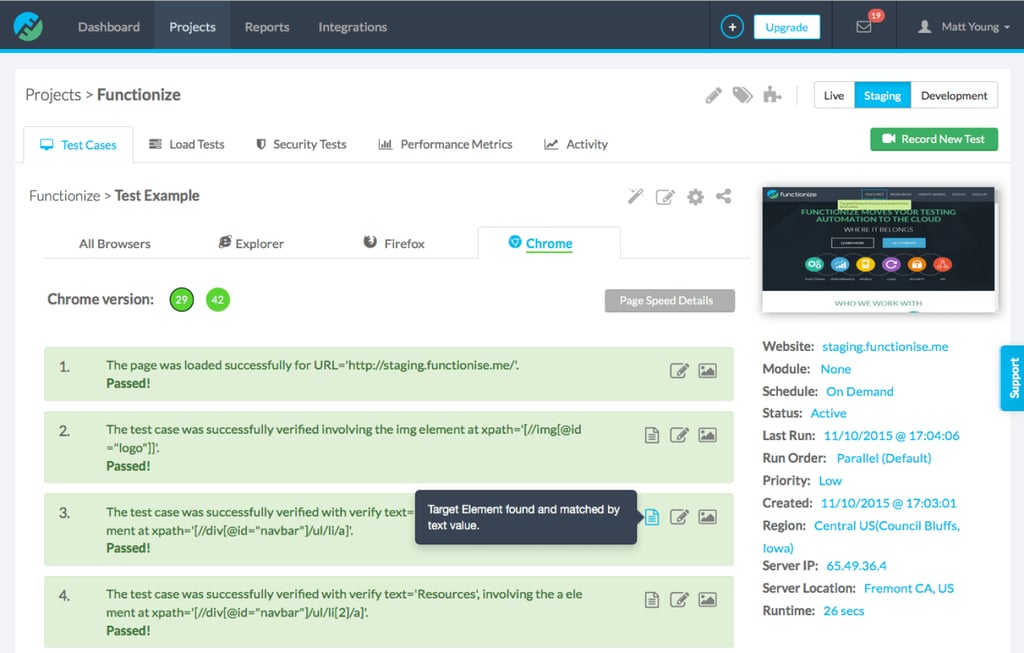 Image displaying Functionize dashboard with a project open