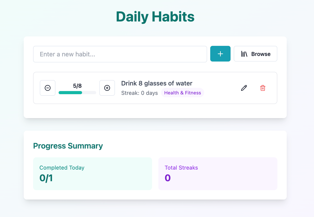 The web app's main dashboard after adding a progress bar for multi-step habits