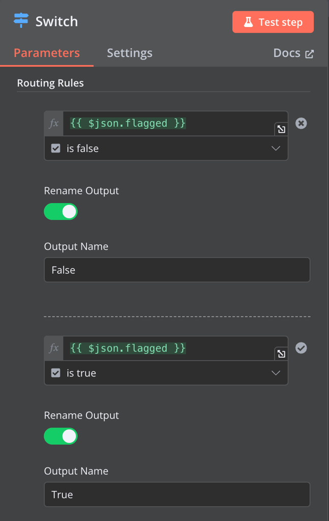 n8n Switch node configuration
