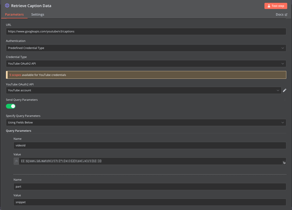 YouTube HTTP request node configuration in n8n