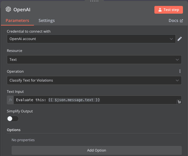 OpenAI node configuration