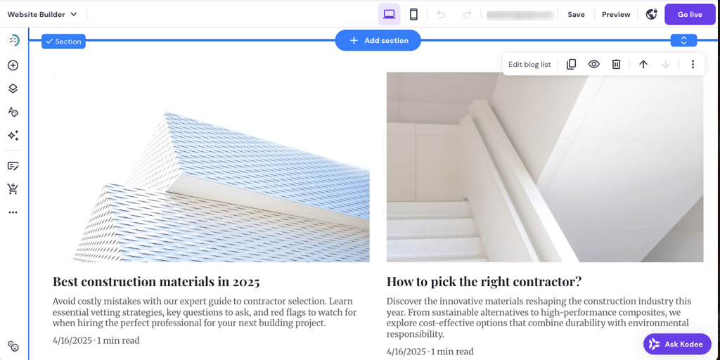 Blog page editing view in Hostinger Website Builder dashboard
