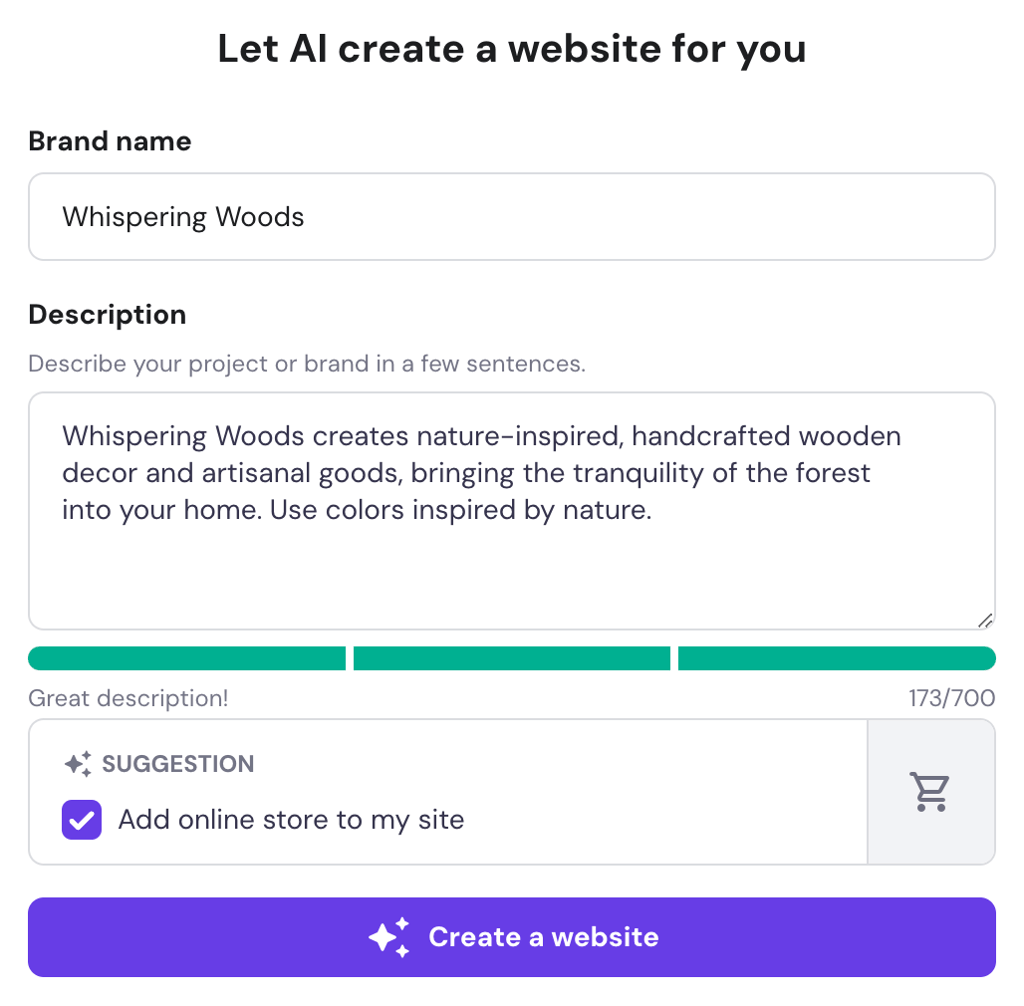 Initial prompt panel within Hostinger Website Builder