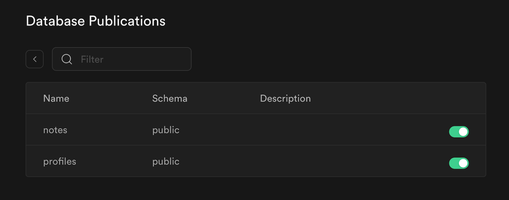 Database table replication toggles in Supabase