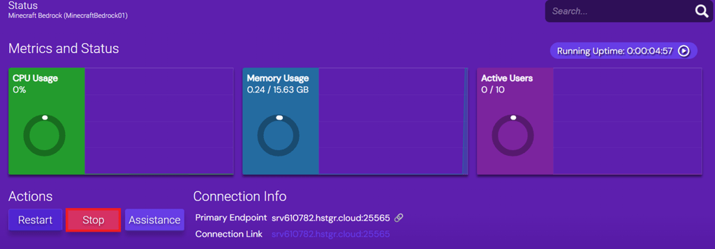 Minecraft Bedrock's server status overview with the Stop action highlighted.