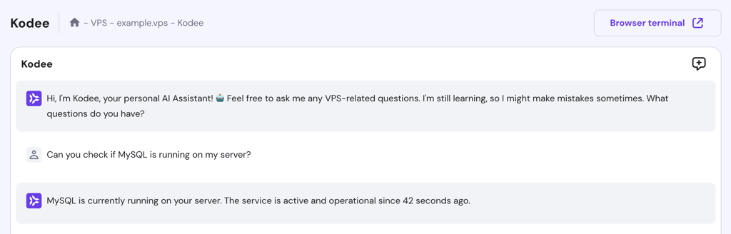 Kodee responds to a question about MySQL's status