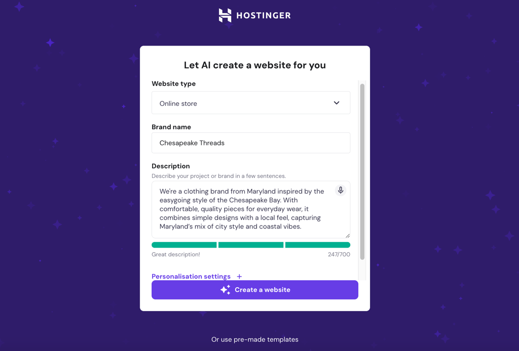 Hostinger AI Website Builder prompt box