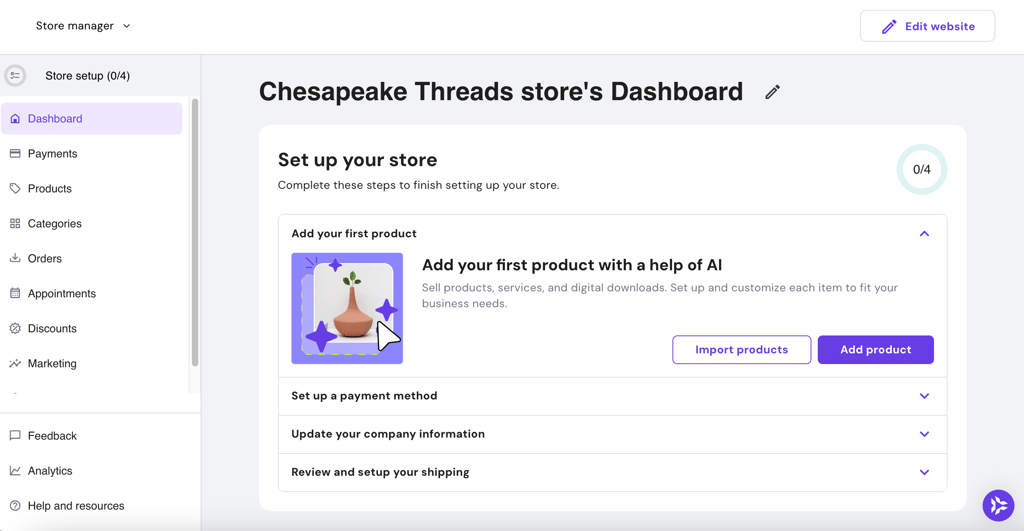 Hostinger Website Builder online store dashboard