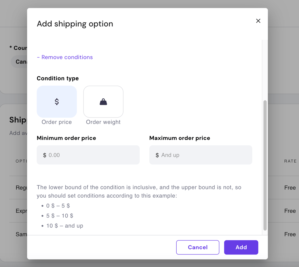 Hostinger Website Builder store manager add shipping condition type