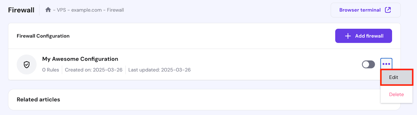 The Edit button on hPanel's firewall configuration page