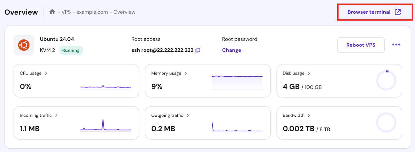The Browser terminal button on hPanel's VPS overview page