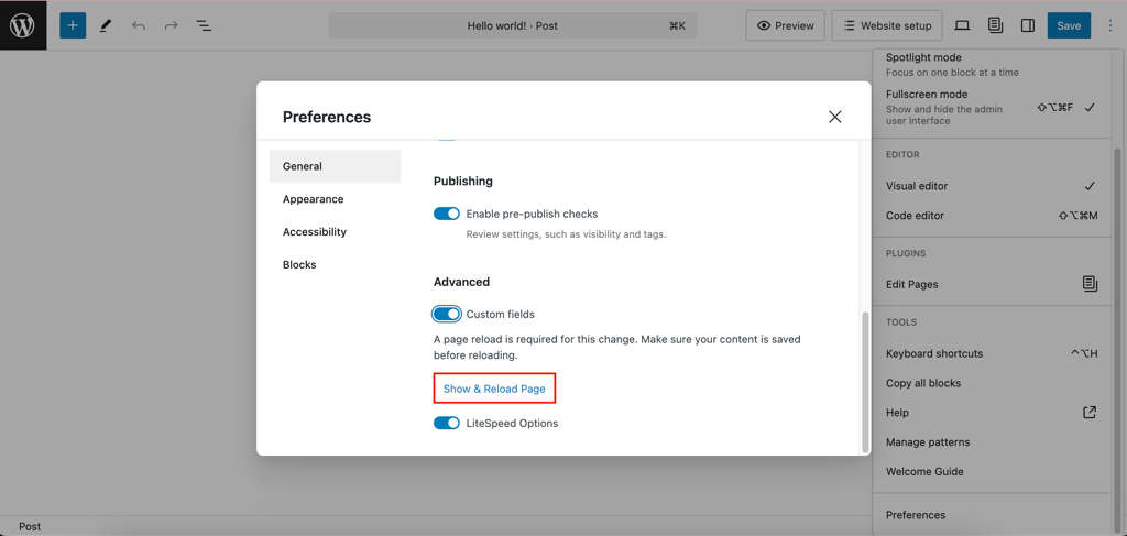 The Show & Reload Page button in WordPress Preferences menu