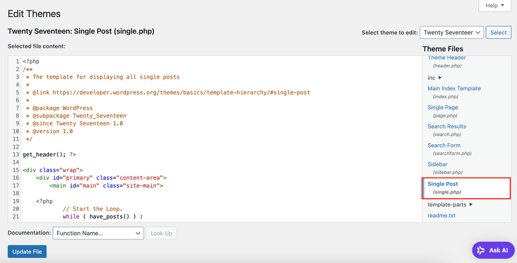 The single.php file opened in WordPress theme editor