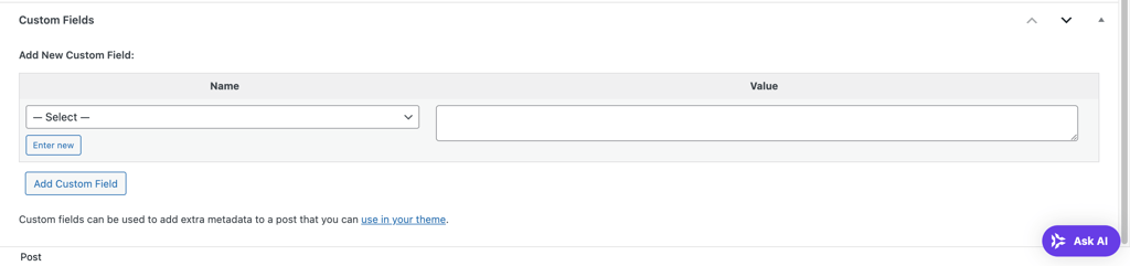 The WordPress custom field section in the post editor