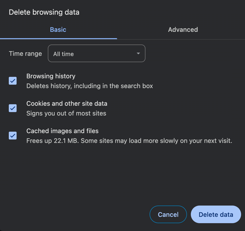 Chrome's Delete browsing data popup with all the options checked.