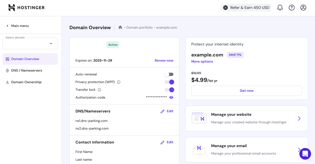 Domain overview for an individual domain name