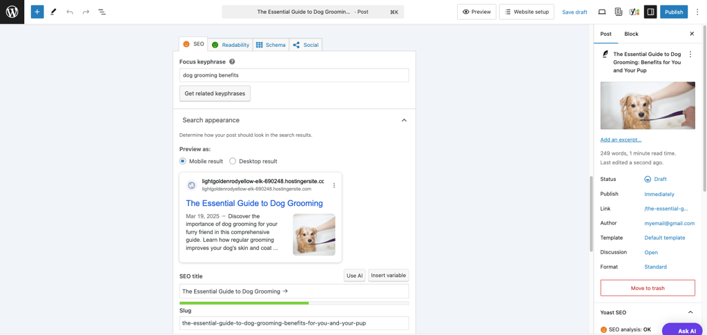 Yoast SEO content analysis in a WordPress post