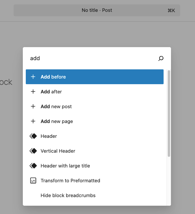 Searching for a specific task to perform using the Gutenberg Command Palette