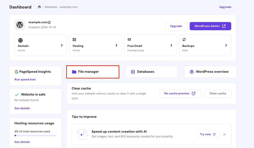 The File manager menu on hPanel dashboard.