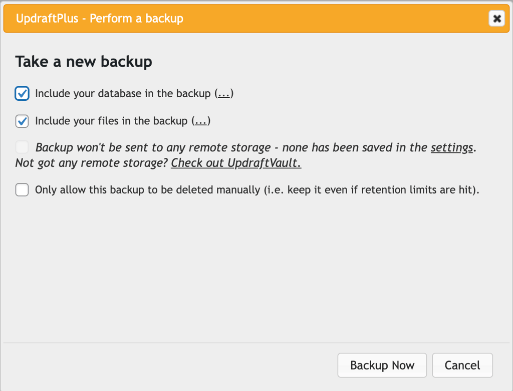 The Perform a backup pop-up of the UpdraftPlus plugin.