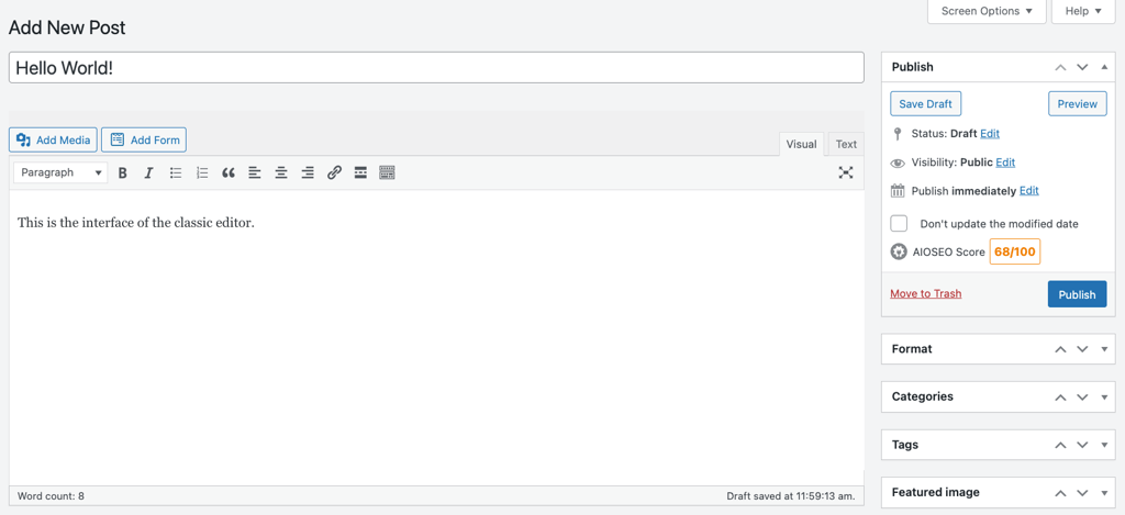 WordPress classic editor interface