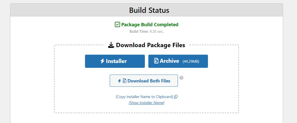 Duplicator website archive and installer download page