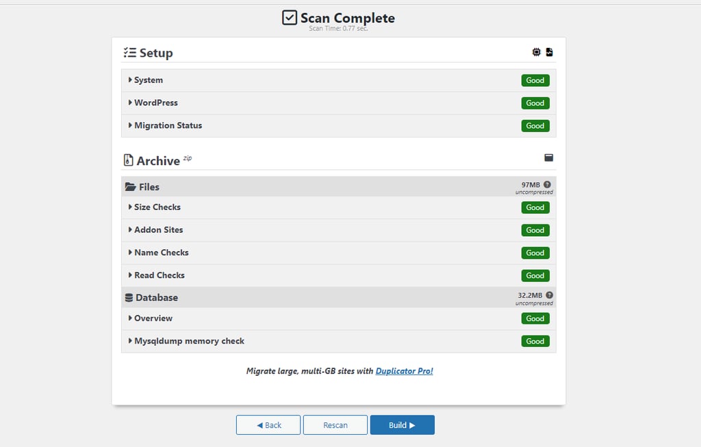Duplicator website scan result