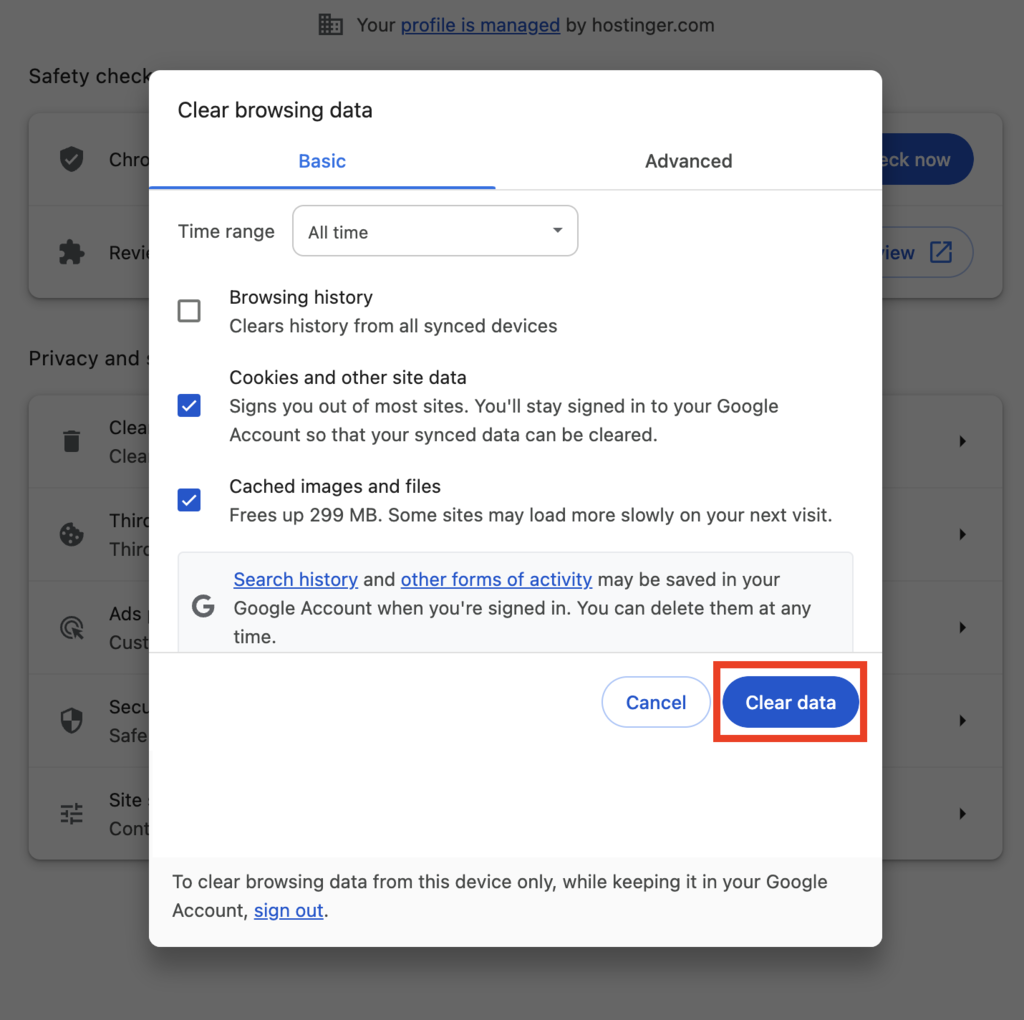 Clear data button highlighted