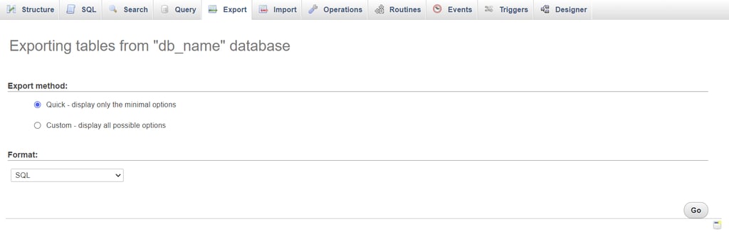 phpMyAdmin export tab
