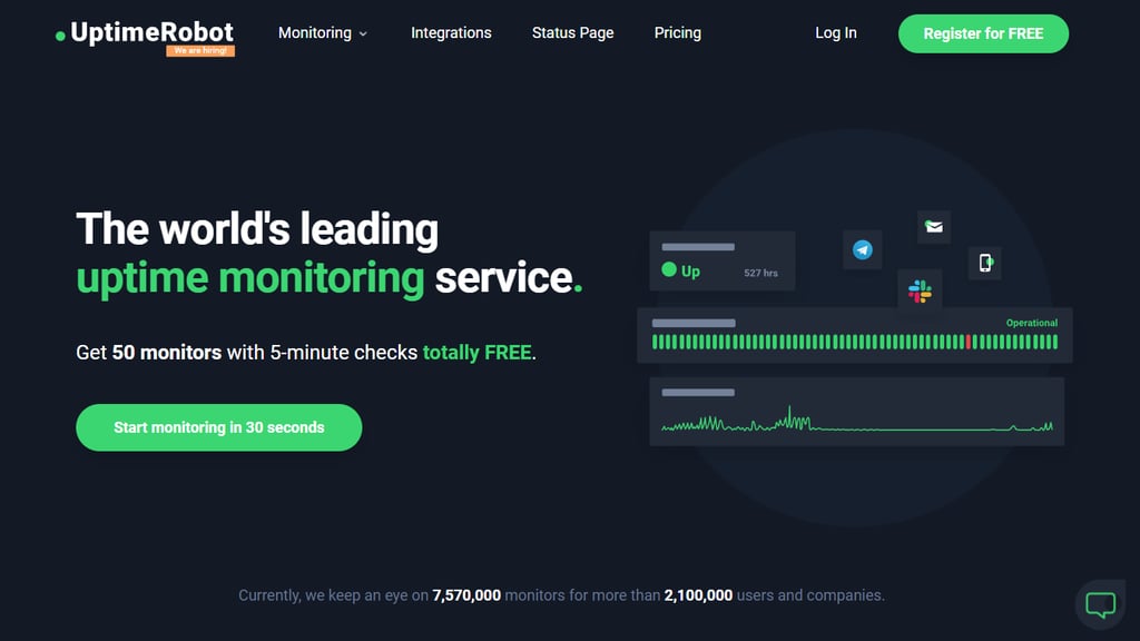 UptimeRobot's homepage