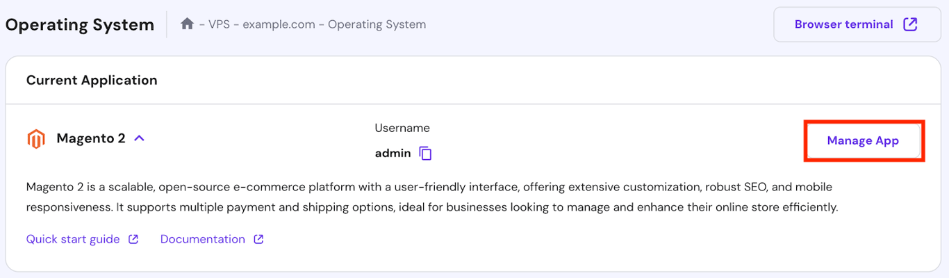 The Magento admin dashboard access button on hPanel's operating system configuration page
