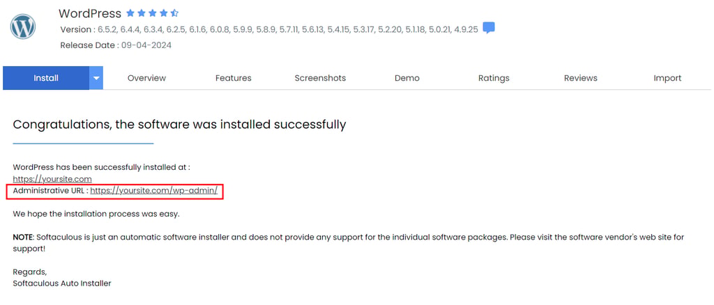 The message that says WordPress installation is successful with the new WordPress admin panel link highlighted in red