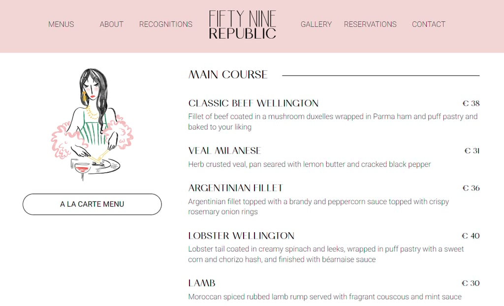 Fifty Nine Republic's displays pricing off to the side of the dish name