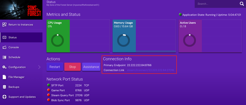 The Connection Info section on Game Panel's Sons of the Forest instance