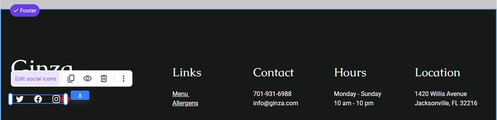 The Edit social icons button on Ginza's Menu page's footer