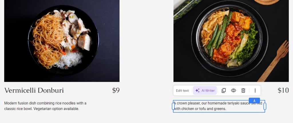 The AI Writer button on a menu description