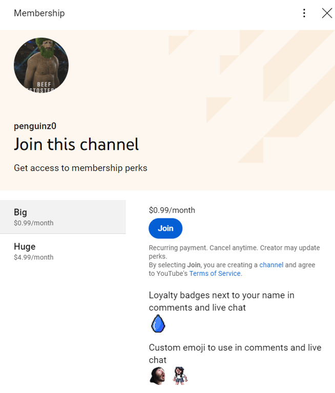 Penguinz0 or MoistCr1tikal YouTube membership perks and prices