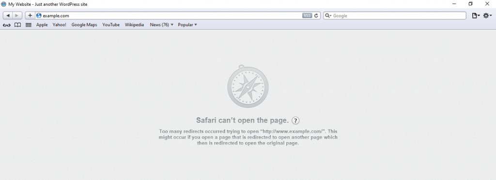 A redirection error message on Safari