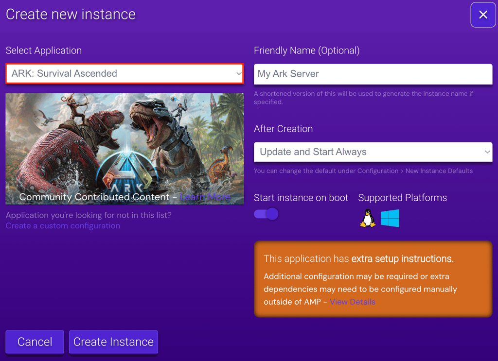 Survival Ascended instance on Game Panel