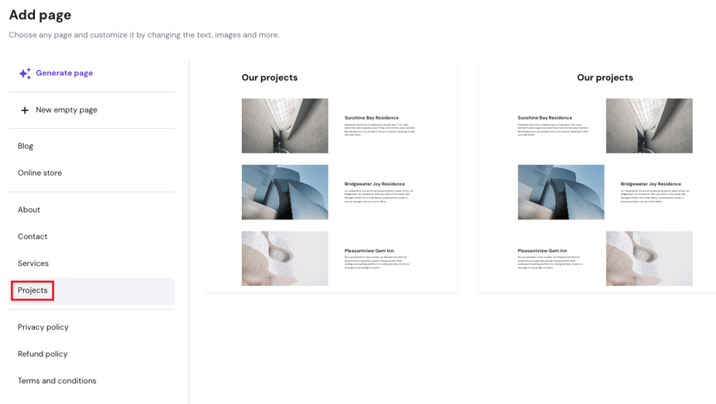 Hostinger Website Builder add page highlighting projects page