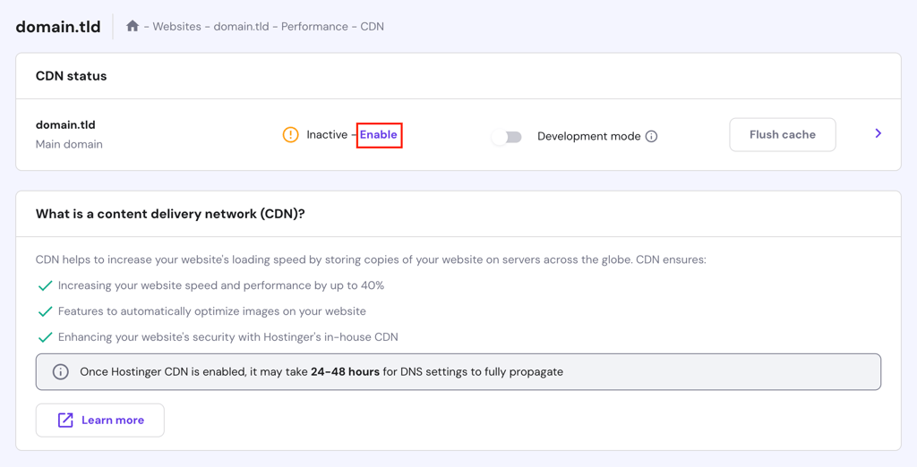 Hostinger's hPanel with the CDN page showing the option to enable CDN