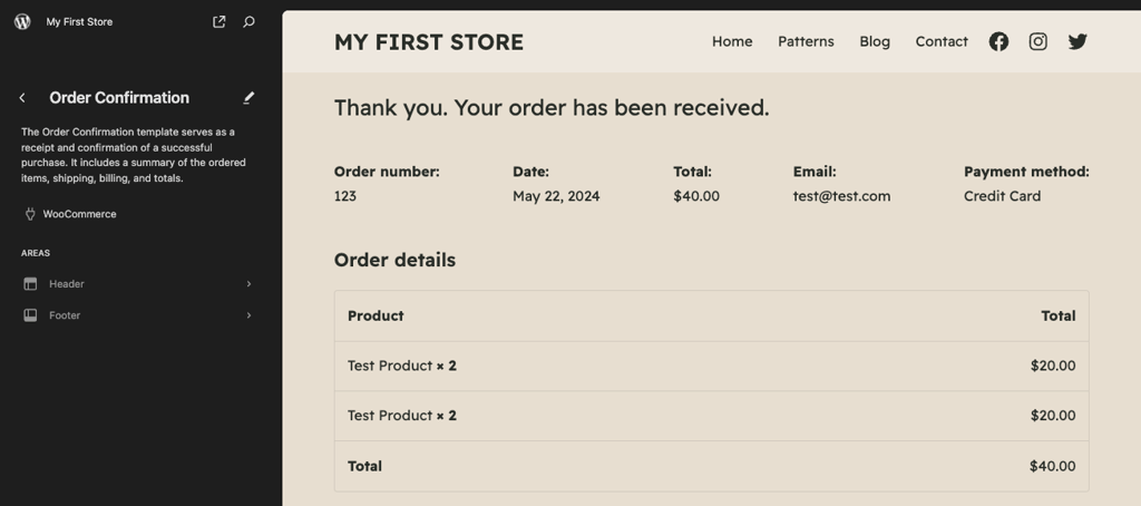 Order confirmation page template in Raft