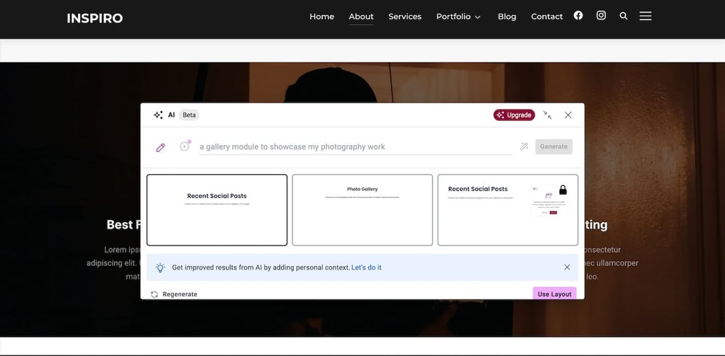 Elementor AI generating modules for Inspiro theme