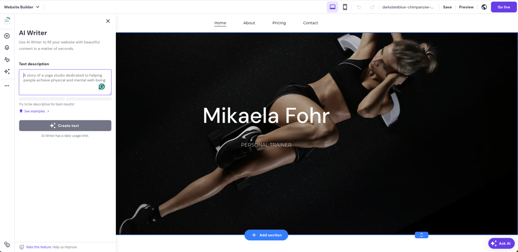 AI Writer open in Hostinger Website Builder editor