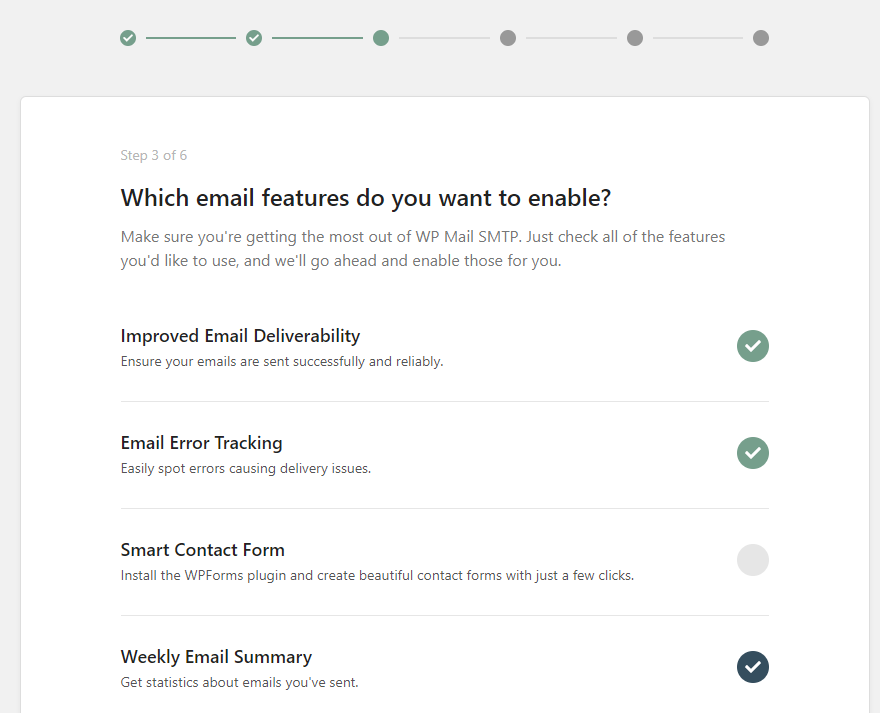 The feature options in WP Mail SMTP's setup wizard